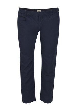 Marineblaue Chinos aus weichem Baumwollstoff mit geradem Bein, ausgestattet mit Fronttaschen und einem Knopfverschluss. Glatte Textur.