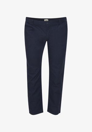 Tamsiai mėlynos chinos kelnės, pagamintos iš minkštos medvilnės, su tiesiu kirpimu, turinčios šonines kišenes ir vieno mygtuko užsegimą. Lygus paviršius.