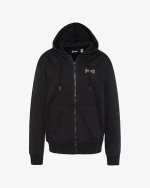 Sweat à capuche noir à fermeture éclair avec poches avant, capuche avec cordon de serrage, et petit logo "Schott NYC" blanc et rouge sur la poitrine.