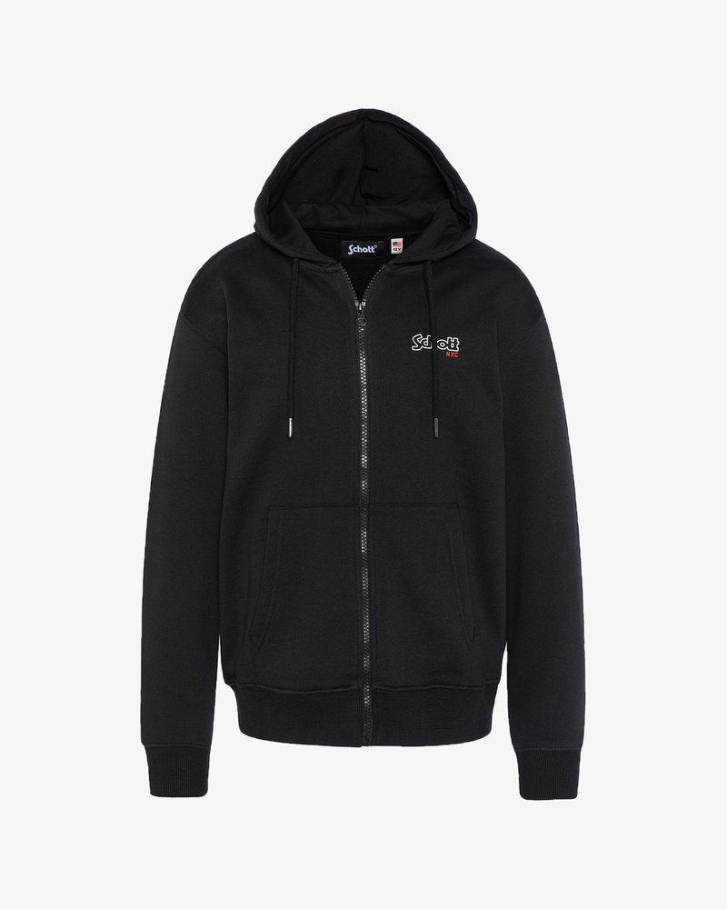 Sweat à capuche noir à fermeture éclair avec poches avant, capuche avec cordon de serrage, et petit logo "Schott NYC" blanc et rouge sur la poitrine.