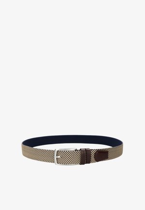 Beżowo-czarny pleciony pasek z tkaniny z prostokątną srebrną klamrą i ciemnobrązowymi skórzanymi akcentami.