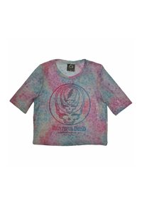 Short-sleeve, cropped T-shirt featuring a tie-dye pattern in pink, blue, and purple. Center graphic includes a skull and "Grateful Dead" text.