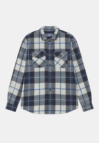 Kostkovaná flanelová košile v námořnick é modré, šedé a bílé barvě s dlouhými rukávy, zapínáním na knoflíky, dvěma náprsními kapsami a klasickým límečkem.