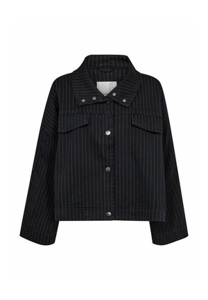Black denim jacket with vertical pinstripes, featuring a collar, front snap buttons, and two chest pockets. Non-distressed texture.
