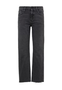 Jean en denim noir avec une coupe droite, taille haute, ourlet effiloché et design à cinq poches. Le matériau a une texture lisse avec un léger stretch.