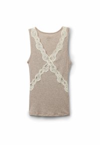 Beige linne med rundad halsringning, med krämfärgad spetsdetaljer som korsar sig på baksidan. Mjuk, strukturerad tyg i en avslappnad passform.