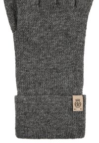Graue gestrickte Handschuhe mit geripptem Bündchen. Verfügt über eine strukturierte Oberfläche und ein kleines, aufgenähtes Etikett am Bündchen mit dekorativen Details.