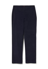 Pantalons bleu marine en tissu doux et texturé. Design à jambe droite avec une taille simple et sans quincaillerie ni motifs visibles.