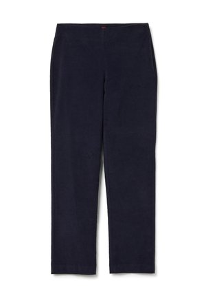 Marineblaue Hose aus einem weichen, strukturierten Stoff. Gerades Bein Design mit einem einfachen Bund und ohne sichtbare Hardware oder Muster.