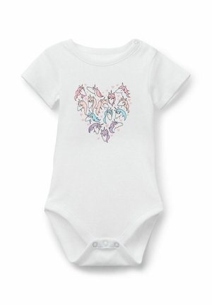 Un body en coton blanc à manches courtes, présentant une forme de cœur composée d'illustrations de licornes colorées et de petits cœurs. Fermetures à pression à l'arrière.