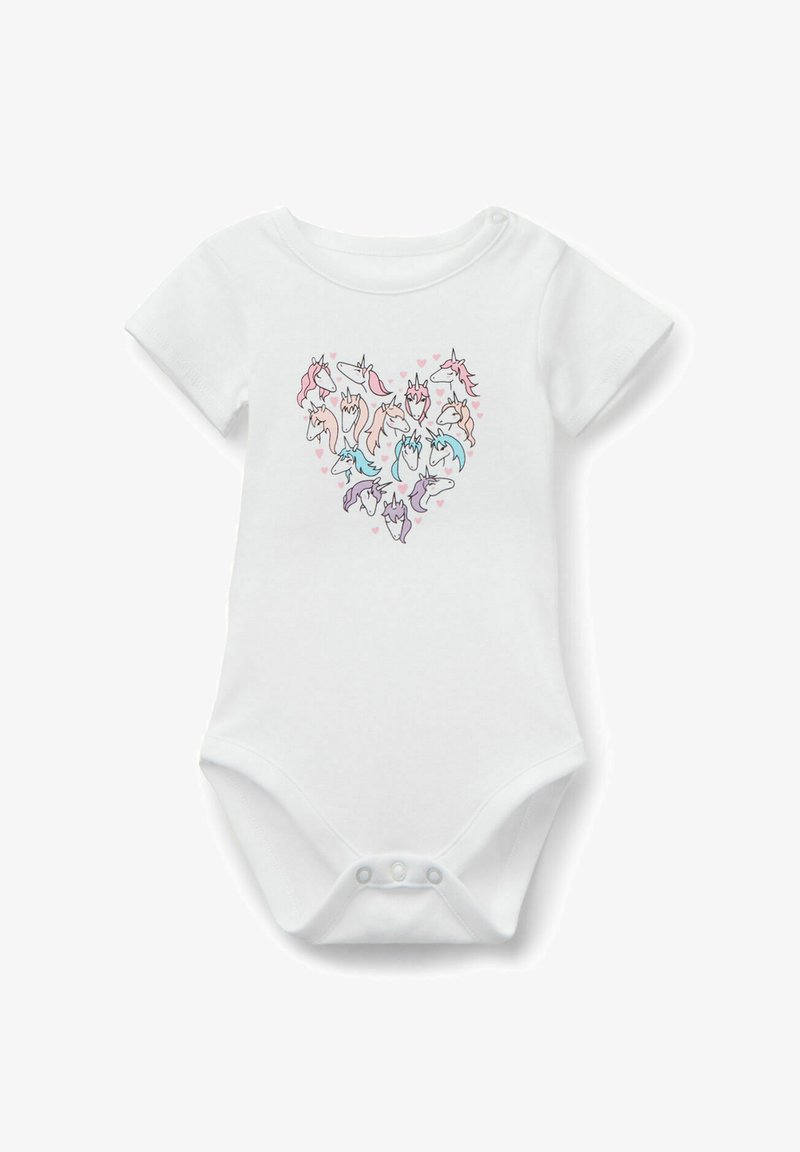 Weißer Baumwoll-Body mit kurzen Ärmeln, der ein Herz aus bunten Einhorn-Illustrationen und kleinen Herzen zeigt. Mit Druckknopfverschluss im Schritt.