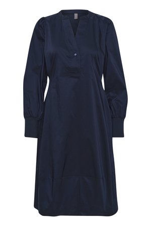 Vestido azul marino con escote en V, mangas abullonadas largas y puños elásticos. Tejido suave con mínimos detalles, que llega justo por encima de la rodilla.