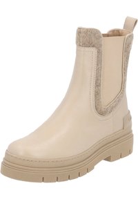 Botín impermeable beige hasta el tobillo con parte superior de cuero suave, panel de acento de fieltro, inserciones laterales elásticas y suela de goma texturizada.