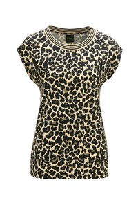 T-shirt met luipaardprint in beige en zwart, met groene accenten. Korte mouwen en een geribbeld ronde hals. Zachte stof met een relaxte pasvorm.