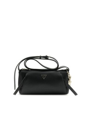 Sac bandoulière rectangulaire noir Guess avec bandoulière ajustable, logo triangulaire sur le devant et détail charm en ton doré sur la fermeture éclair latérale.