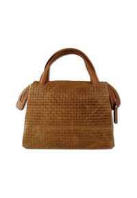 Sac à main tissé marron en cuir texturé, avec deux poignées et une poche latérale zippée. Forme rectangulaire compacte.
