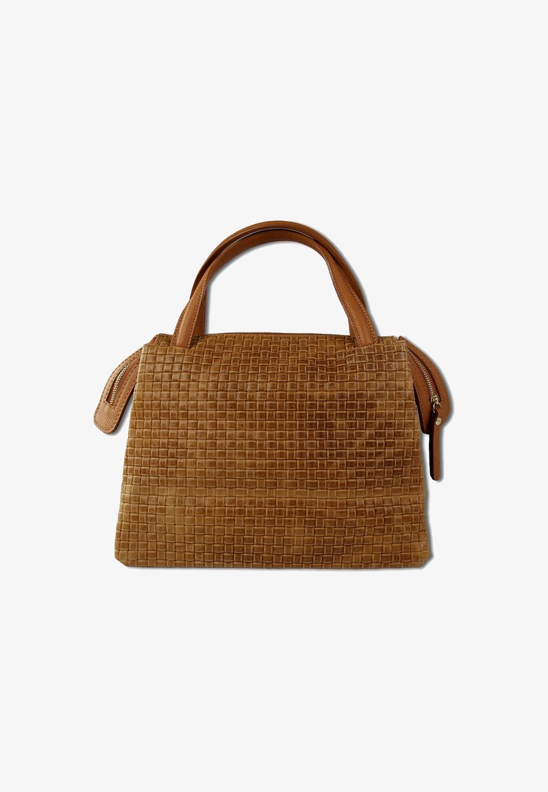 Sac à main tissé marron en cuir texturé, avec deux poignées et une poche latérale zippée. Forme rectangulaire compacte.