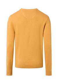 Geel gebreid sweater met lange mouwen, ronde hals en ribbelboorden. Glad materiaal met een eenvoudig ontwerp, zonder patronen of accenten.