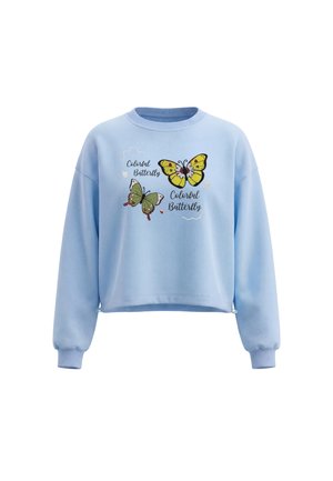 Lyseblå sweatshirt med to farverige sommerfugleillustrationer og teksten "Colorful Butterfly" trykt på forsiden.