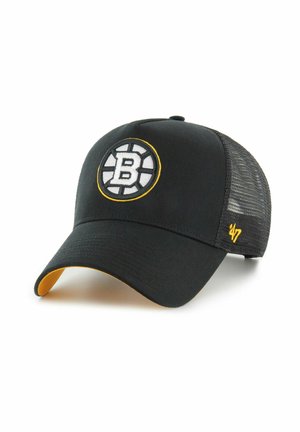 Schwarze Baseballkappe aus Mesh mit einem weißen und gelben, kreisförmigen "B"-Logo vorne und einer in Gelb gestickten "47" an der Seite.