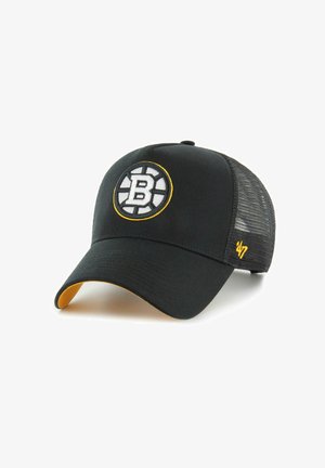 Schwarze Baseballkappe aus Mesh mit einem weißen und gelben, kreisförmigen "B"-Logo vorne und einer in Gelb gestickten "47" an der Seite.