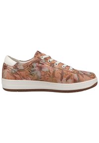 Floral-patterned sneakers feature a textured pink and cream upper, white laces, and a white sole with a brown rubber outsole.