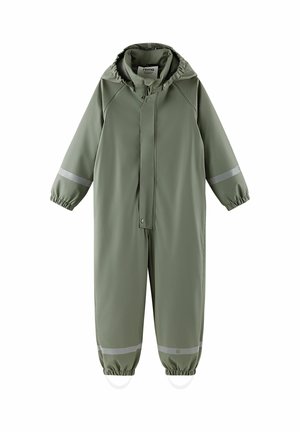 Zielony, wodoodporny kombinezon przeciwdeszczowy dla dzieci z kapturem, elastycznymi mankietami, odblaskowymi taśmami na rękawach i nogawkach oraz paskami na stopy.