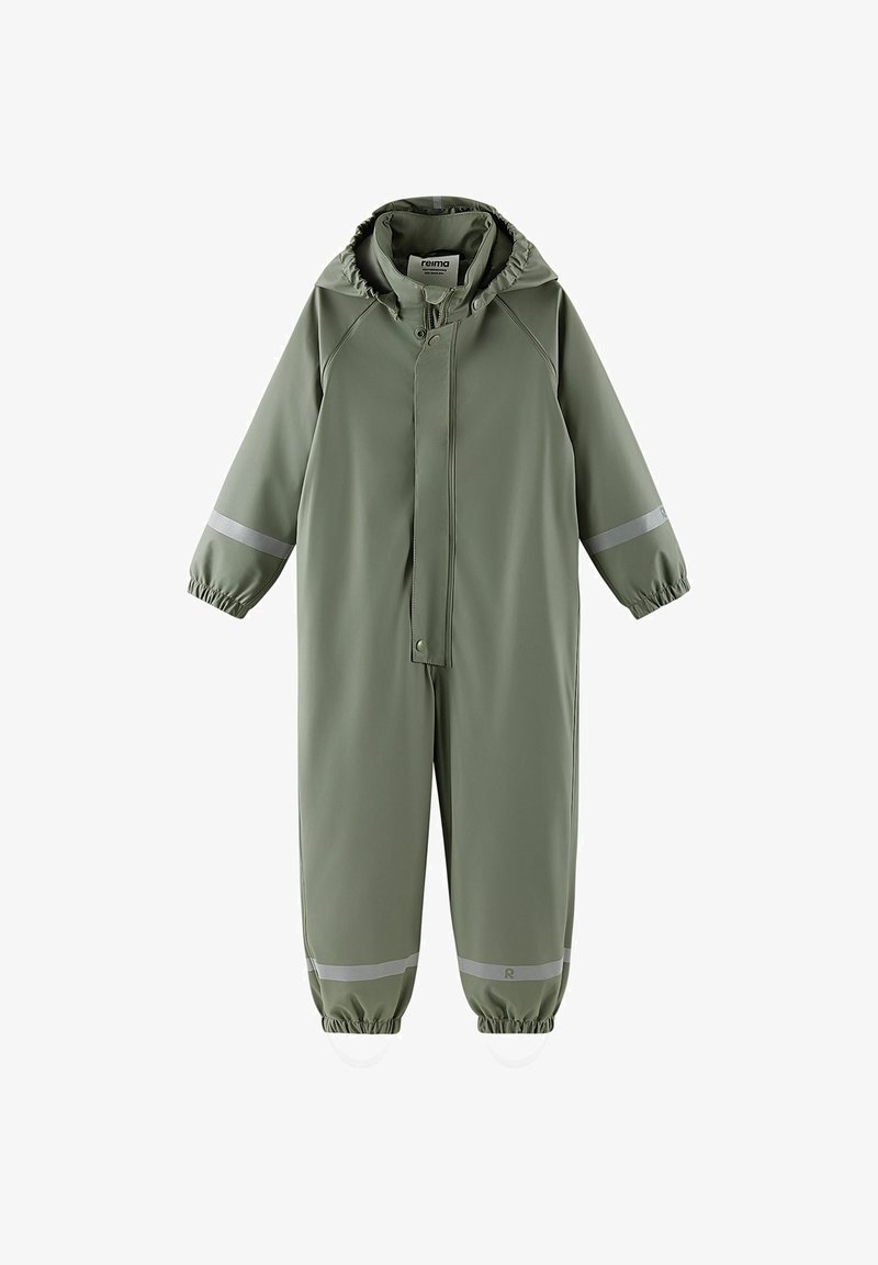 Green waterproof children's rain suit with hood, elastic cuffs, reflective bands on sleeves and legs, and foot straps.