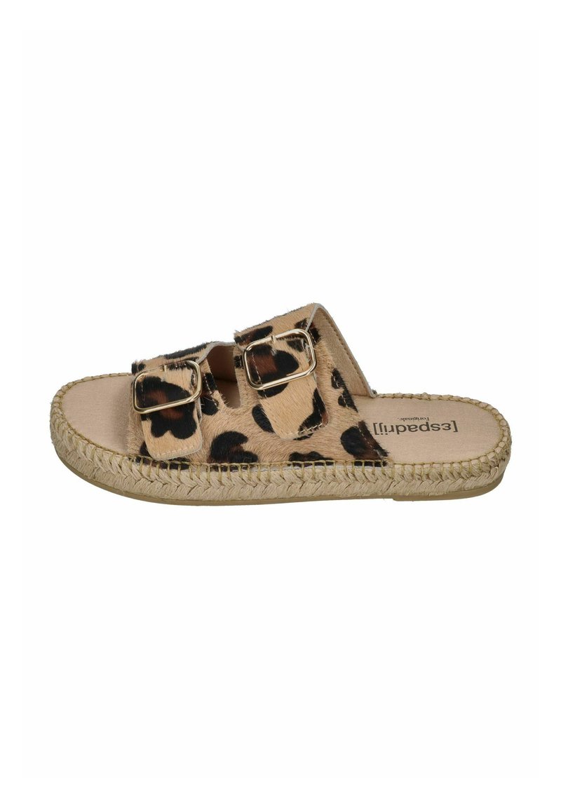Leopard print slide sandals with two buckles, jute sole, and soft textured upper. Color palette includes tan with dark brown spots.