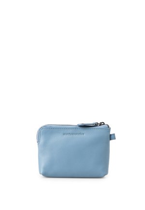 Small light blue leather zippered pouch with a pull tab on a white background.