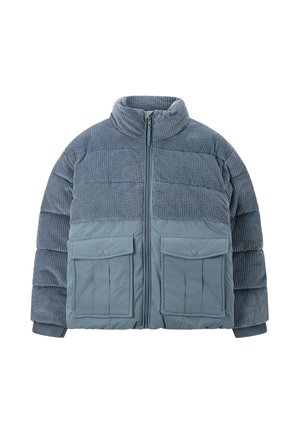 Veste matelassée bleue avec col montant, texture côtelée sur le haut du corps et les manches, tissu lisse sur le bas du corps, fermeture éclair à l'avant et deux poches à rabat avec boutons-pression.