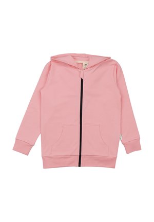 Hellrosa Kapuzenpullover mit langen Ärmeln, Fronttaschen und einem schwarzen Reißverschluss in der Mitte.