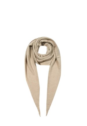 Soft beige knitted scarf twisted in a loop with two long tapered ends hanging down against a white background.