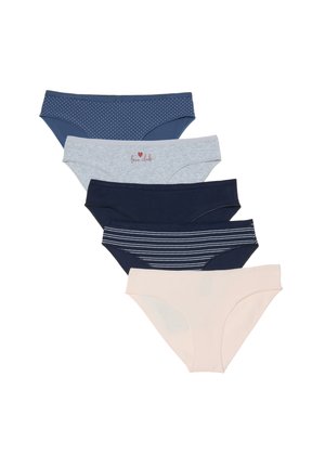 Cinq culottes hipster pour femmes en pois bleus, gris avec le texte "love club", bleu marine uni, bleu marine avec des rayures blanches et beige, disposées en éventail.