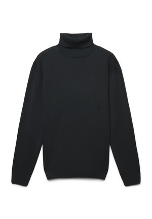 Maglione a collo alto di colore nero realizzato in materiale a costine, con maniche lunghe, un collo alto e un orlo aderente con una finitura texture.