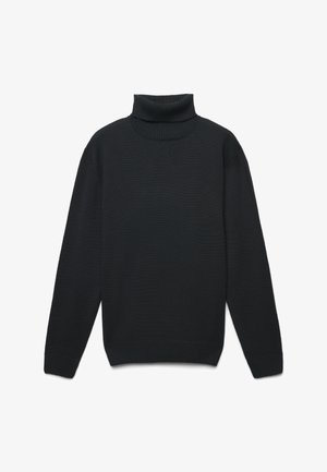 Maglione a collo alto di colore nero realizzato in materiale a costine, con maniche lunghe, un collo alto e un orlo aderente con una finitura texture.