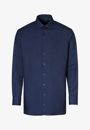 Navyblaues Langarmhemd aus glattem Stoff mit einem Button-Down-Kragen, sechs vorderen Knöpfen und Ein-Knopf-Manschetten. Keine Muster oder Akzente.
