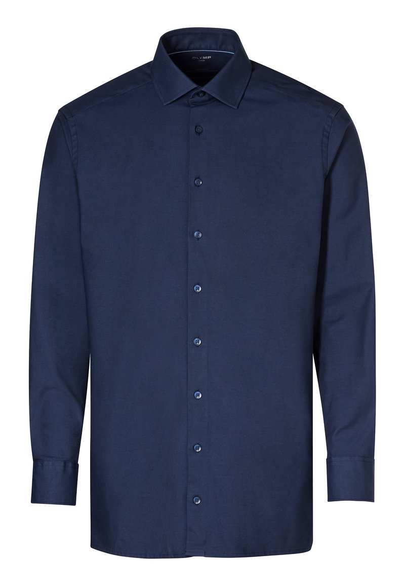 Navyblaues Langarmhemd aus glattem Stoff mit einem Button-Down-Kragen, sechs vorderen Knöpfen und Ein-Knopf-Manschetten. Keine Muster oder Akzente.