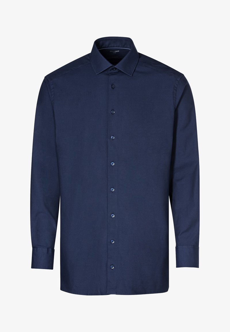 Maglietta a maniche lunghe blu navy in tessuto morbido con colletto a punta, sei bottoni frontali e polsini con un bottone. Senza motivi o dettagli.