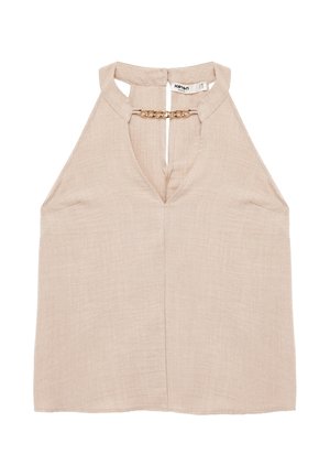 Mouwloze beige linnen haltertop met V-hals en een goudkleurige kettingdetail over de voorste halslijn.