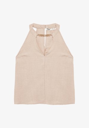 Mouwloze beige linnen haltertop met V-hals en een goudkleurige kettingdetail over de voorste halslijn.