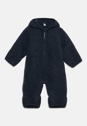 Dark navy blue fleece hooded baby jumpsuit with long sleeves and front zipper closure.