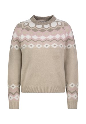Beige gestrickter Pullover mit rundem Halsausschnitt, der geometrische Muster in Pink, Weiß und Grün auf der Brust und den Ärmeln aufweist.