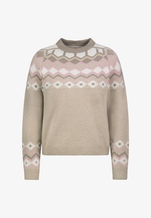 Beige knitted sweater with a round neck, featuring geometric patterns in pink, white, and green across the chest and sleeves.