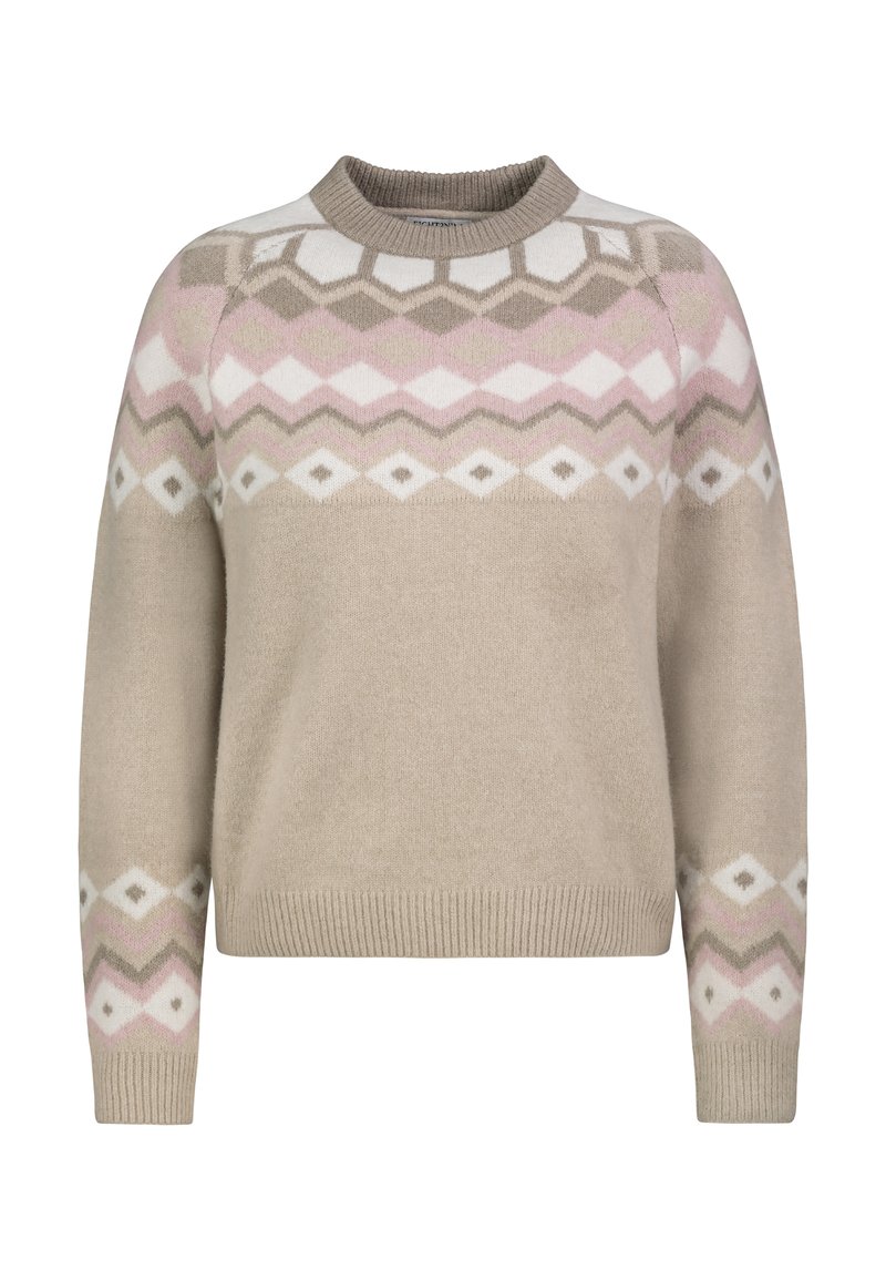 Beige gestrickter Pullover mit rundem Halsausschnitt, der geometrische Muster in Pink, Weiß und Grün auf der Brust und den Ärmeln aufweist.
