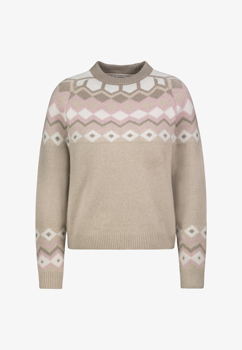 Beige gestrickter Pullover mit rundem Halsausschnitt, der geometrische Muster in Pink, Weiß und Grün auf der Brust und den Ärmeln aufweist.