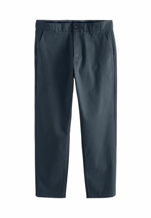 Mörkblå chinos i bomullsblandning, med rak bendesign, framfickor och knappstängning. Slät textur, klassisk stil.