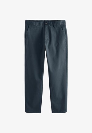 Granatowe chinosy wykonane z bawełnianej mieszanki tkanin, z płaskim przodem, bocznymi kieszeniami i prostymi nogawkami. Gładka faktura, minimalne zdobienia.