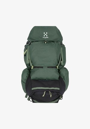 Groene wandelrugzak met verstelbare banden, gaasaccenten en een zwarte ondersectie. Bevat een bovenflap en een trekkoordsluiting.