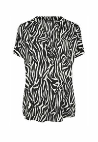 Blusa a maniche corte in motivo zebras bianco e nero, con scollatura a V, dettaglio con bottoni e una tasca sul petto, realizzata in tessuto leggero.